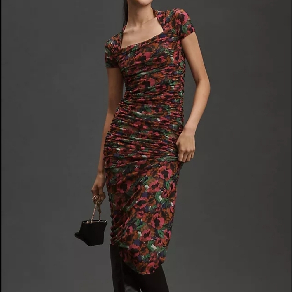 Misa Short Sleeve Square Neck Mesh Slim Midi Dress Floral Women's Size Small